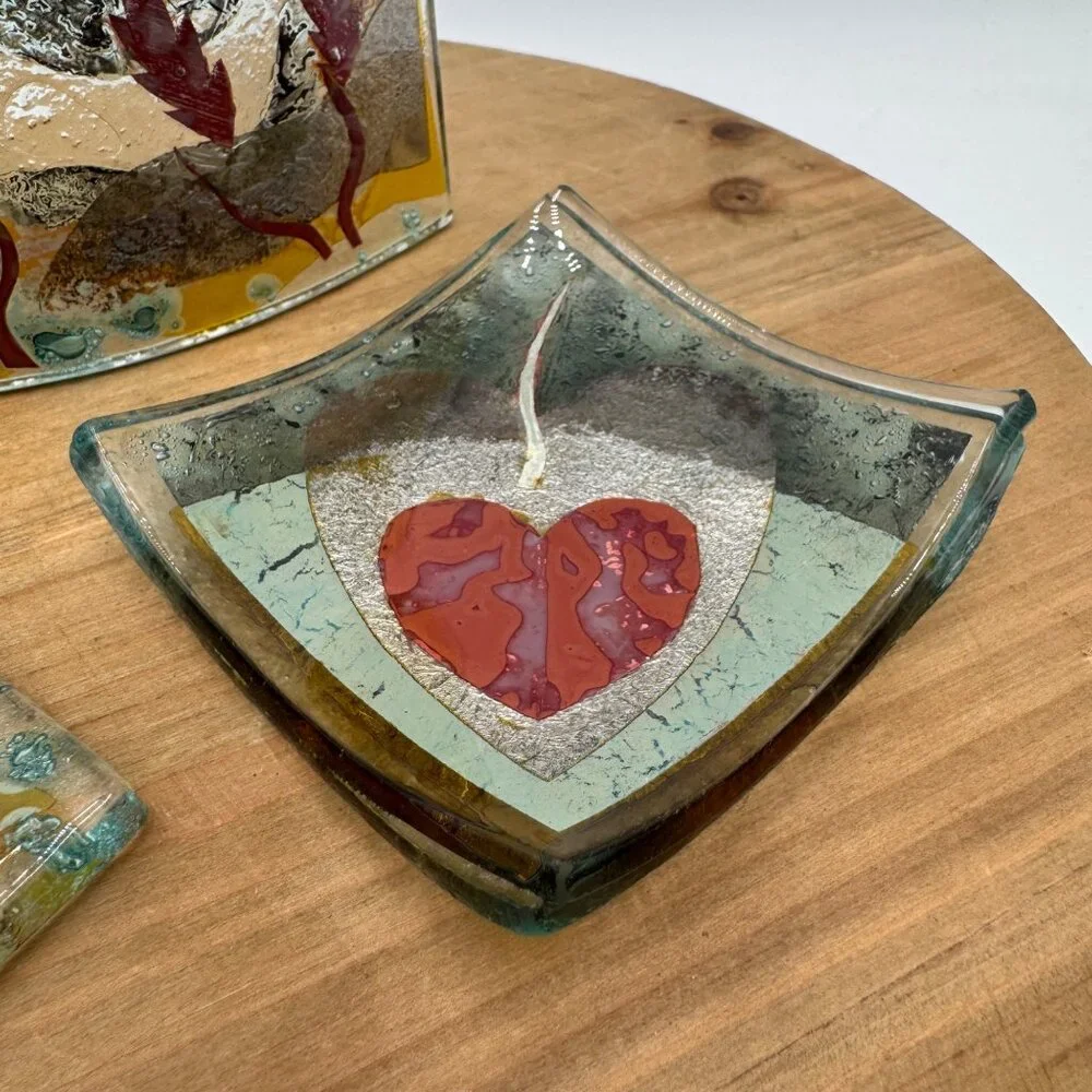 Fused Glass Trinket Dish Studio art glass 3 piece set multi color